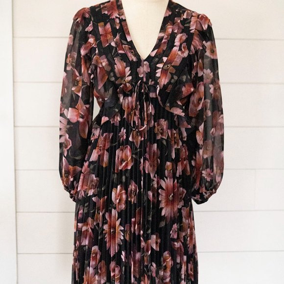 The Kooples Paris Womens Folral Print V-Neck Dress Black Size 0 XS NWOT New - Picture 3 of 9